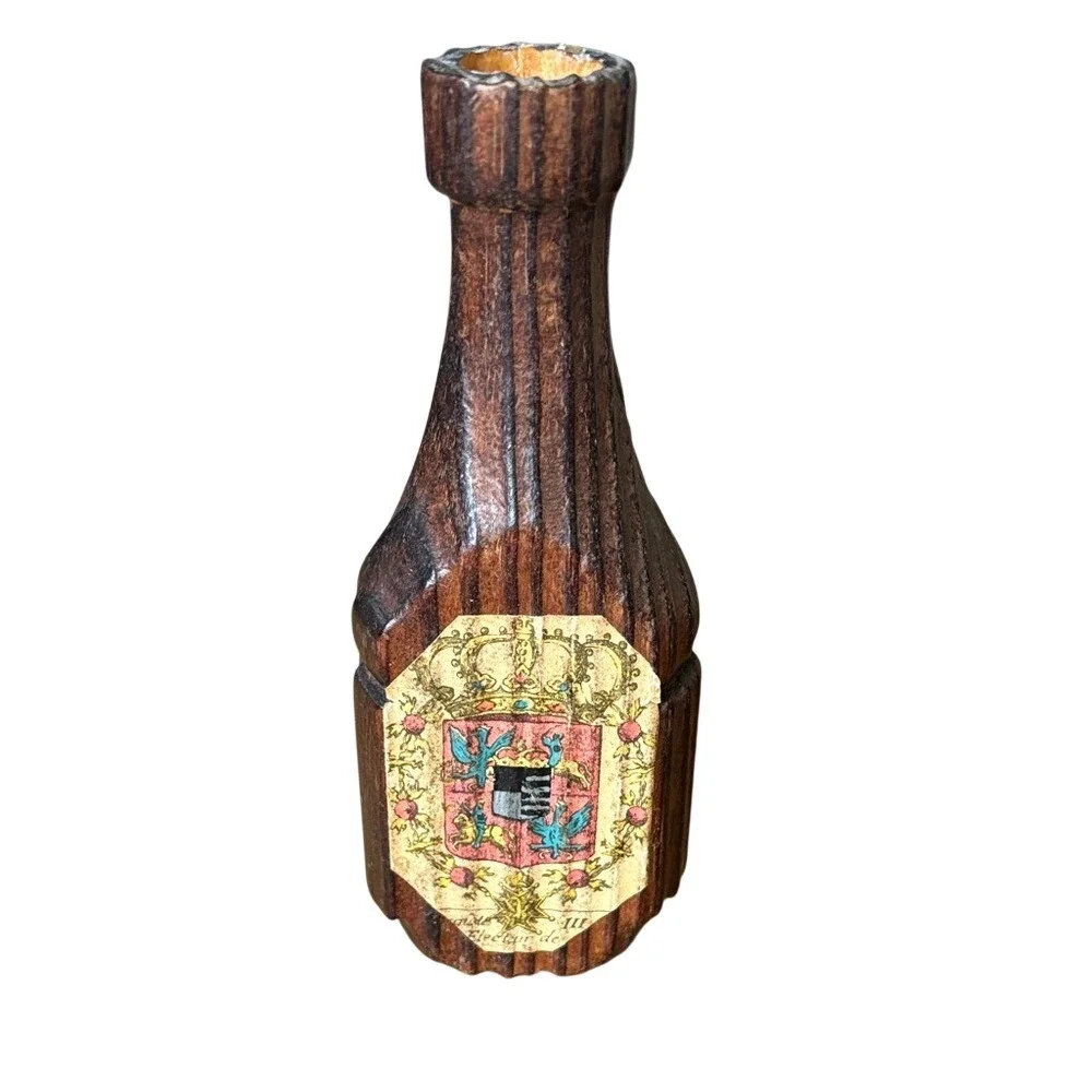 Vintage Wooden Hand Carved Bottle Taper Candle Holder w/Crest Accent 5.85